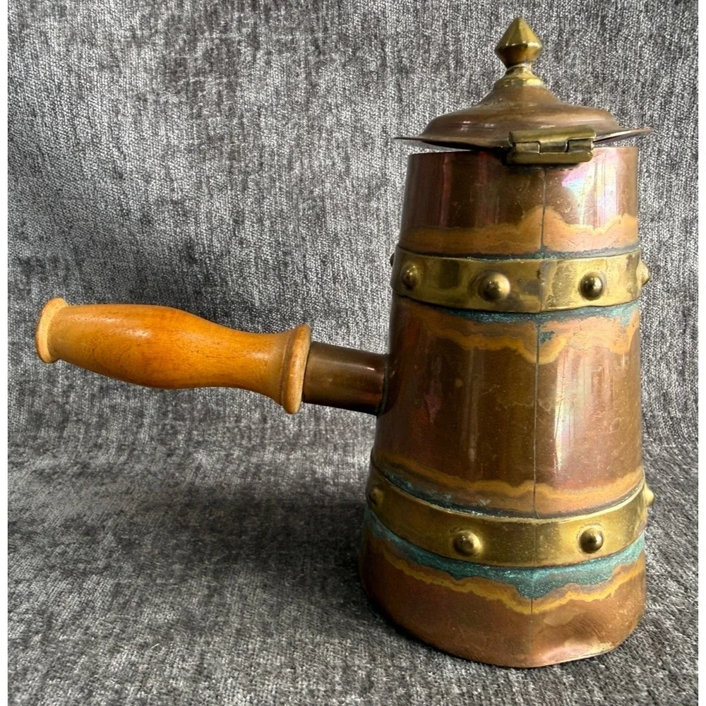 Vintage Handcrafted Mexican Copper Brass Coffee Pot Pitcher Wood Handle 7.5
